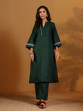 Varanga Women Green Mandarin Collar Thread Embroidered With Pleated Detailing Kurta Paired With Bottom