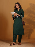 Varanga Women Green Mandarin Collar Thread Embroidered With Pleated Detailing Kurta Paired With Bottom