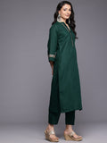 Varanga Women Green Mandarin Collar Thread Embroidered With Pleate Deatialing Kurta Paired With Bottom