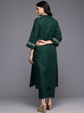 Varanga Women Green Mandarin Collar Thread Embroidered With Pleate Deatialing Kurta Paired With Bottom