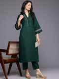 Varanga Women Green Mandarin Collar Thread Embroidered With Pleate Deatialing Kurta Paired With Bottom