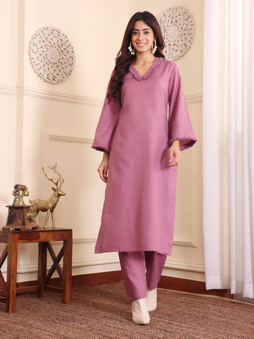 Varanga Women Purple Fringed V Neck Kurta Set