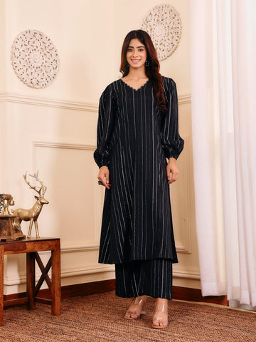 Varanga Women Black Lurex A- Line Kurta With Trousers