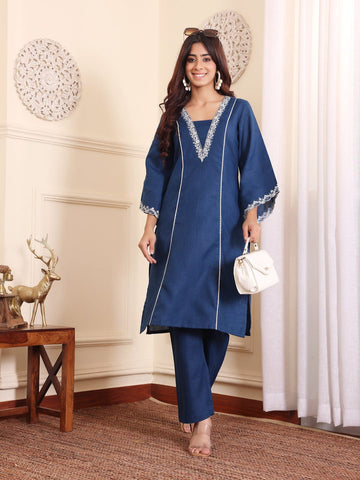 Varanga Women Navy Blue Floral Thread Embroidered Kurta With Trousers Co-Ord Set