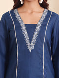 Varanga Women Navy Blue Floral Thread And Zari Embroidered Panelled Kurta With Trousers