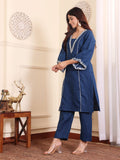 Varanga Women Navy Blue Floral Thread And Zari Embroidered Panelled Kurta With Trousers