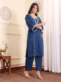 Varanga Women Navy Blue Floral Thread And Zari Embroidered Panelled Kurta With Trousers