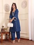 Varanga Women Navy Blue Floral Thread Embroidered Kurta With Trousers Co-Ord Set