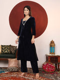 Varanga Women V Neck Lace Detailed Velvet Kurta With Tonal Bottom