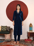 Varanga Women Blue Lace Detailed Velvet Straight Kurta With Trouser .