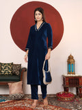 Varanga Women Blue Lace Detailed Velvet Straight Kurta With Trouser .