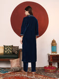 Varanga Women Blue Lace Detailed Velvet Straight Kurta With Trouser .