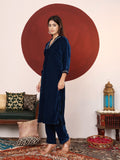 Varanga Women Blue Lace Detailed Velvet Straight Kurta With Trouser .