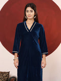 Varanga Women Blue Lace Detailed Velvet Straight Kurta With Trouser .