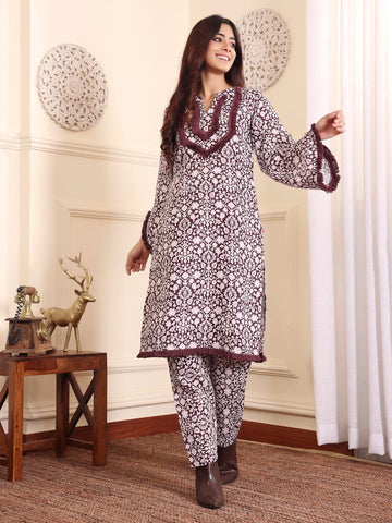 Varanga Women Coffee Brown Printed Winter Straight Kurta With Printed Bottom.