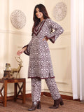 Varanga Women Coffee Brown Printed Winter Straight Kurta With Printed Bottom.