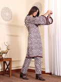 Varanga Women Coffee Brown Printed Winter Straight Kurta With Printed Bottom.