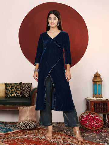 Varanga Women Asymetric Velvet Kurta Paired With Brocade Bottom