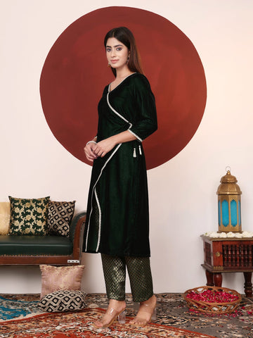 Varanga Women Lace Detailed Velvet Angrakha Kurta Paired With Brocade Bottom