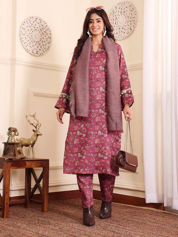 Varanga Women Mauve Floral Printed Pashmina Straight Kurta Paired With Bottom