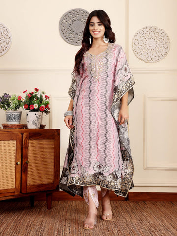 Varanga Women Pink Pure Silk Gotta And Mirror Work Kaftan With Tulip Pants