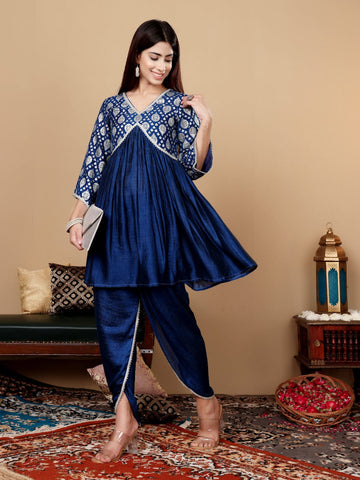 Varanga Women Teal Blue Brocade Yoke Peplum With Dhoti Silk Pants