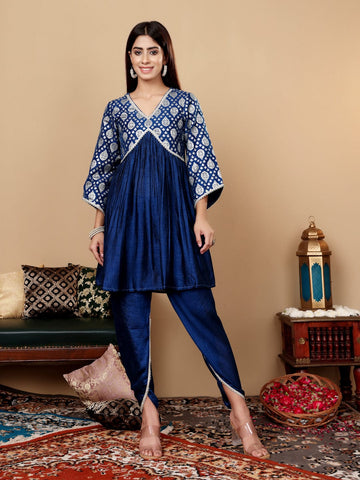 Varanga Women Teal Blue Brocade Yoke Peplum With Dhoti Silk Pants