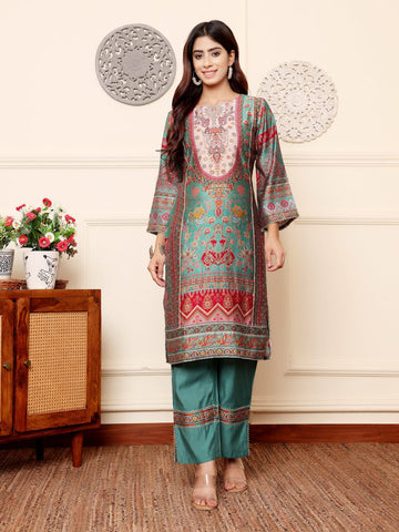 Varanga Women Green Round Neck Gotta Lace Detailed Ethnic Printed , Three Quarter Sleeve Straight Kurta With Tonal Bottom With Lace Detailing