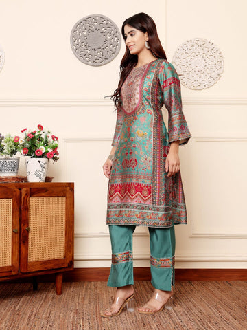 Varanga Women Green Round Neck Gotta Lace Detailed Ethnic Printed , Three Quarter Sleeve Straight Kurta With Tonal Bottom With Lace Detailing