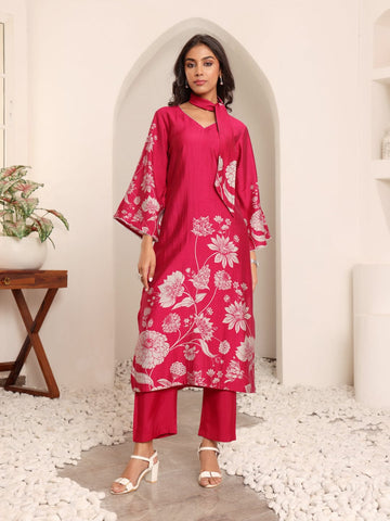 Varanga Women Fuchsia Pink Floral Printed Gota Detail Flared Sleeve Kurta With Solid Trouser And Dupatta