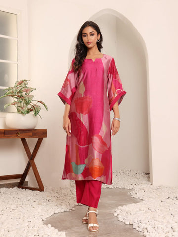 Varanga Women Fuschia Pink Abstract Printed Straight Kurta With Trousers