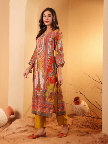 Varanga Women Olive Ethnic Floral Printed Gota Embellished Flared Sleeve Kurta With Solid Trouser.