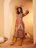 Varanga Women Olive Ethnic Floral Printed Gota Embellished Flared Sleeve Kurta With Solid Trouser.