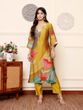 Varanga Women Olive Abstract Printed Gota Lace Detailed Kurta With Solid Trouser.