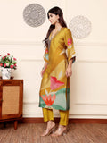 Varanga Women Olive Abstract Printed Gota Lace Detailed Kurta With Solid Trouser.