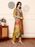 Varanga Women Olive Abstract Printed Gota Lace Detailed Kurta With Solid Trouser.