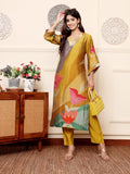 Varanga Women Olive Abstract Printed Gota Lace Detailed Kurta With Solid Trouser.