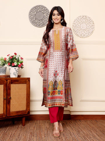 Varanga Women Grey Ethnic Floral Printed Gota Embellished Kurta With Solid Trouser.