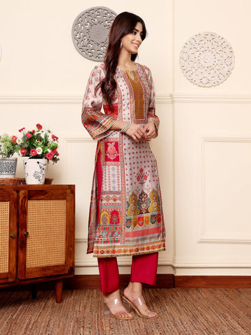 Varanga Women Grey Ethnic Floral Printed Gota Embellished Kurta With Solid Trouser.