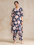 Floral Printed V Neck And Flared Sleeve Lace Detailed Straight Kurta Set.