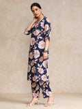 Floral Printed V Neck And Flared Sleeve Lace Detailed Straight Kurta Set.