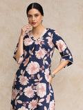 Floral Printed V Neck And Flared Sleeve Lace Detailed Straight Kurta Set.