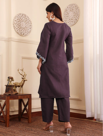 Zari Embroidered Violet Flared Sleeve Kurta With Trouser