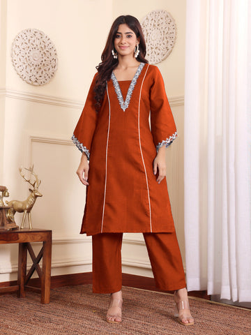 Zari Embroidered Rust Flared Sleeve Kurta With Trouser