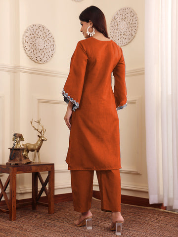 Zari Embroidered Rust Flared Sleeve Kurta With Trouser