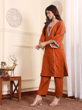 Zari Embroidered Rust Flared Sleeve Kurta With Trouser