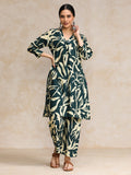 Tropical Printed V Neck Puff Sleeve Kurta With Trouser