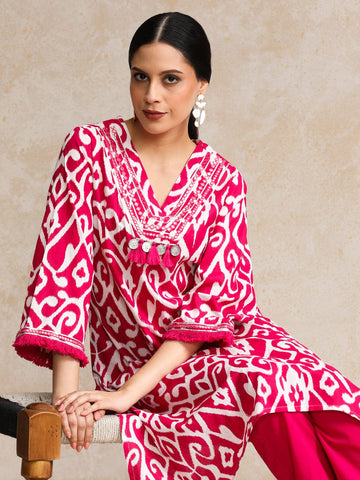 Ikat Printe Boho Flared Sleeve Kurta With Trouser