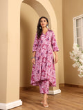 Varanga Women Floral Printed High Low Shirt Collar Kurta & Trouser