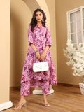 Varanga Women Floral Printed High Low Shirt Collar Kurta & Trouser